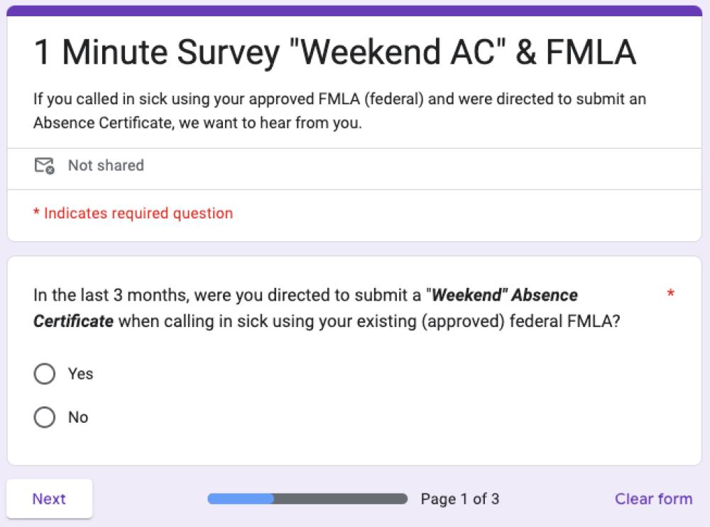 1 Minute Survey "Weekend AC" & FMLA